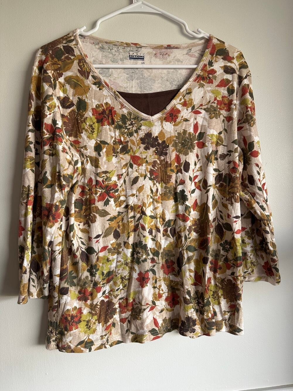 Basic Editions Floral Rhinestone V-Neck Layered Look 3/4 Sleeve Top Brown Large